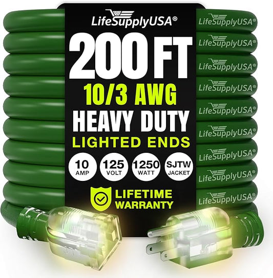 200ft Outdoor/Indoor Extension Cord 10/3 Gauge Ultra Heavy Duty 3 Prong SJTW, Waterproof, Flexible Cold-Resistant Long Power Cord,10A 125V 1250W, Green by LifeSupplyUSA