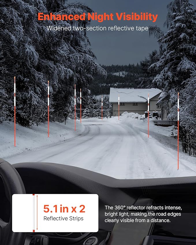 VEVOR Driveway Markers, 50Pcs 60 in Long 5/16 in Dia, Hi-Visibility Driveway Reflectors with 12 in Steel Drill Bits, Reflective Snow Sticks Fiberglass Pole for Parking Lots, Walkways, Snow Plowing