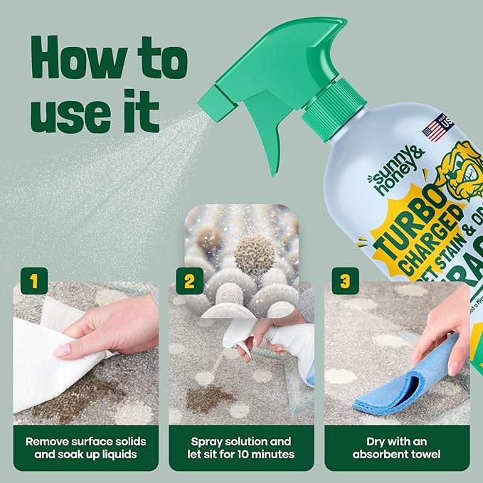 Sunny & Honey Carpet Cleaner Spray - 32 Fl Oz, Spring Mint - 40% More Enzymes & Carpet Stain Remover - Pet Urine Enzyme Cleaner & Floor Deodorizer - Pet & Kid Safe Rug Cleaner