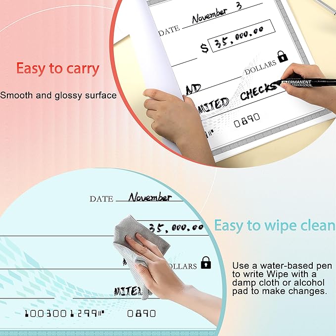 【2-Pack】30x16 Inch Big Check Giant Check Double-Sided Dry Erase Award Check | Waterproof Laminated Presentation Plaques for Presentations | Includes 2 Black Markers (Green & Black)