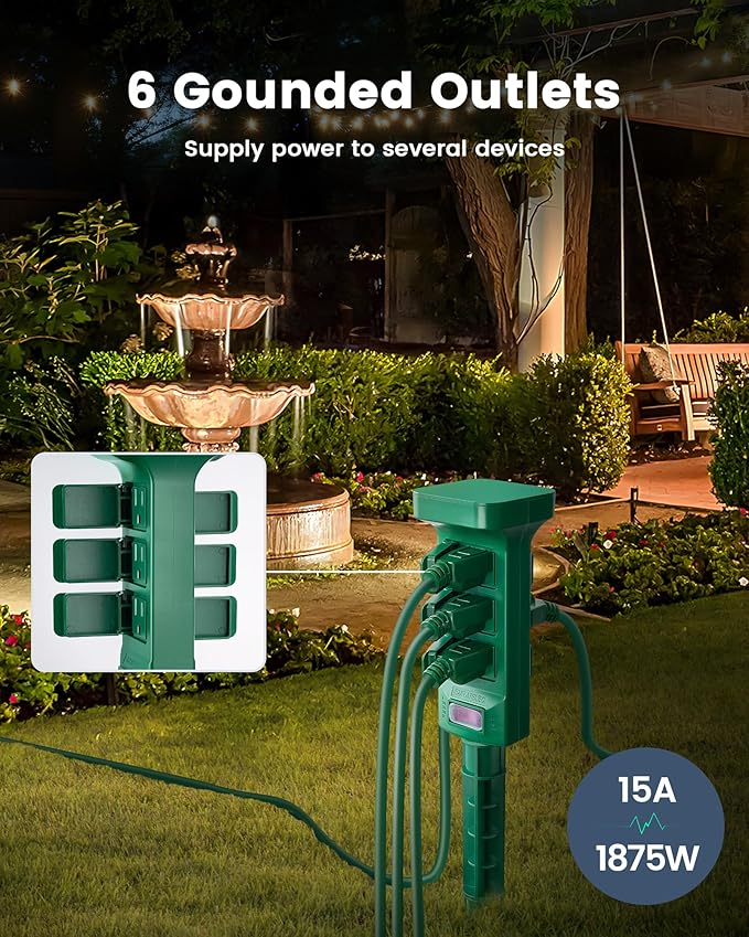 SURAIELEC Outdoor Power Stake Waterproof, 6 Grounded Outlets Power Strip Weatherproof, 15FT Extension Cord Outlet for Yard, Garden, Christmas Light, Patio Lights, Ponds, 1875W/15A, Green