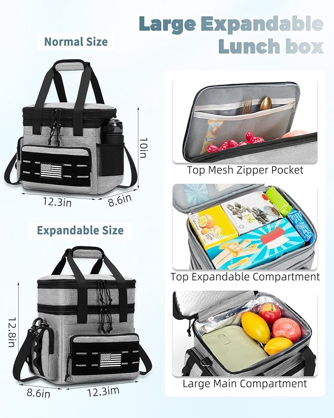 Tactical Lunch Bag & Lunch Box for Men - Large Double Deck Expandable Insulated Soft Adult Lunchbox for Work - Cooler Bag for Beach, Picnic, Camping,Outdoor，Travel (Gray,16L)