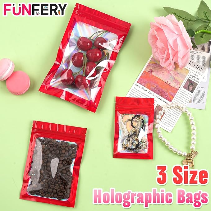 Funfery 300 Pack 3 Size Mylar Holographic Bags with Clear Window,Resealable Bag Smell Proof Foil Baggies Packaging Pouch for Food Storage,Sample,Small Business(Red,3x4.7,4x6,4.7x7.9in)
