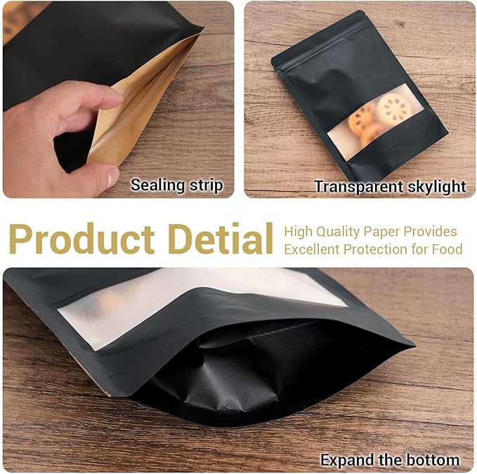 100 Pcs Black Kraft Paper Bags with Window, 4" x 6" Stand Up Pouches Bags, Food Storage for Packaging Products, Reusable, Sealable