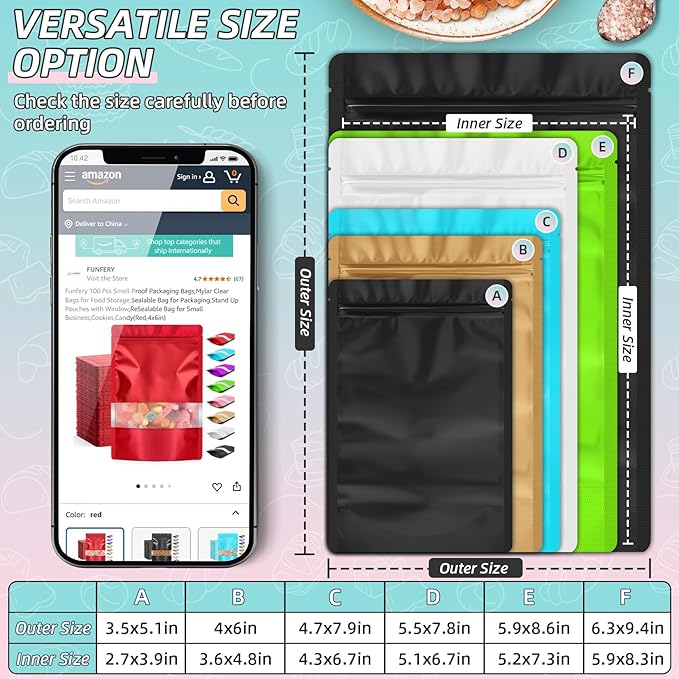 FUNFERY 6.3x9.4 inch Stand Up Mylar Resealable Bags for Food Storage,Smell Proof Foil Pouch,Food Packaging Sealable Bags,Mylar Zipper Bag for Jerky,Candy,Cereal,Coffee, Cards,White,50 Pack