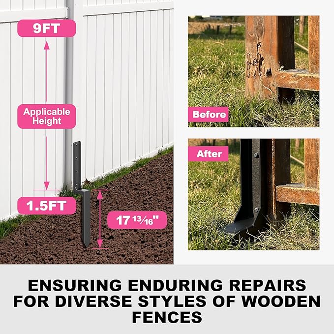 Fence Post Repair Kit - Quick Fix Broken/Leaning 4x4/6x6 Wood Posts with One-Piece Steel Anchor Stakes (Thickened 11-Gauge, 4-Pack)