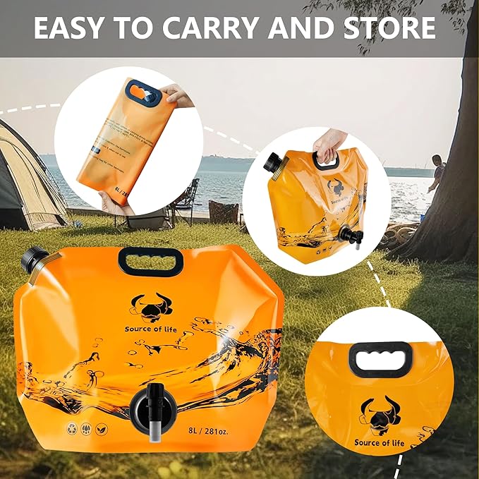 Collapsible 8L Water Storage Bag, BPA-Free Portable Folding Water Jug with Adjustable Faucet, Leakproof Emergency Water Bag for Camping, Hiking, Riding, Outdoor Sport (Blue & Orange 2)