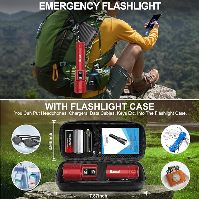 Banral Rechargeable Tactical Flashlights High Lumens - 5000mAh Super Bright LED Powerful Flash Light, Waterproof Handheld USB C Flashlight for Home,Car,Camping,Emergencies,5 Modes,Zoomable (2, Red)