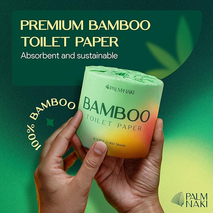 Premium Bamboo Toilet Paper | 3-Ply – Strong & Absorbent | Tree-Free, FSC Certified, BPA/PFAS-Free | Septic-Safe, Lint-Free | 4 Mega Rolls (360 Sheets/Roll) | PALM NAKI