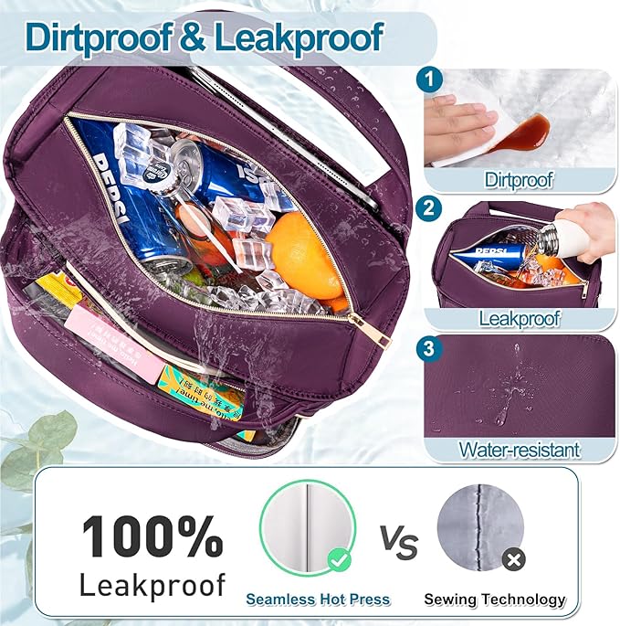 Lunch Bag Lunch Box Women - Insulated Lunch Tote Bag for Women Men, Leakproof Large Womens Lunch Bags for Work, Lunch Cooler Bag for Adult with Side Pocket for Picnic, Hiking, Beach (Purple)