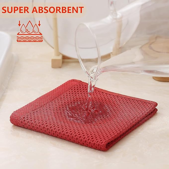 Kitinjoy 100% Cotton Kitchen Dish Cloths, 12 Pack Waffle Weave Ultra Soft Absorbent Dish Towels for Drying Dishes Quick Drying Kitchen Towels Dish Rags, 12 X 12Inch, Brick Red