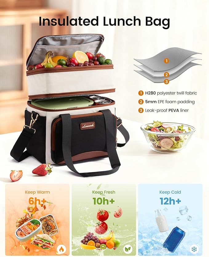 LOVEVOOK Insulated Lunch Bag for Women Men,Expandable Double Deck Lunch Box with Large Cup Holder,Leakproof Cooler Bag for Adult Lunch Tote Bag Work Picnic Beach with Adjustable Shoulder Strap Gift
