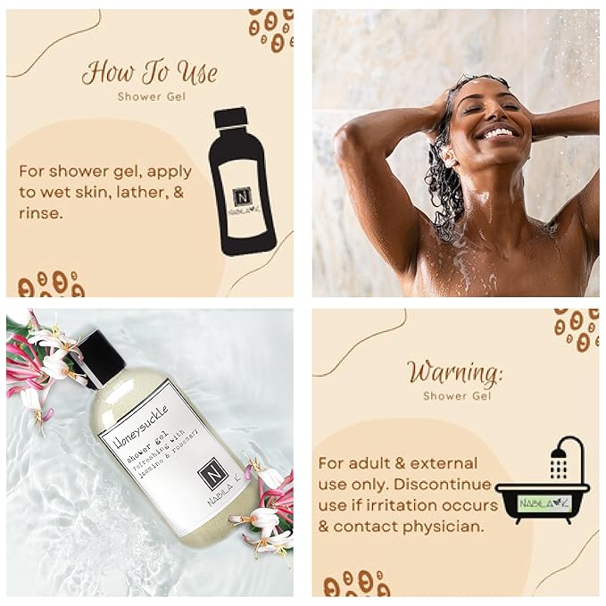 Nabila K Honeysuckle Shower Gel Refreshing Body Wash with Jasmine & Rosemary, 8 oz - Naturally Derived, Sulfate-Free, Paraben-Free - Made in the USA