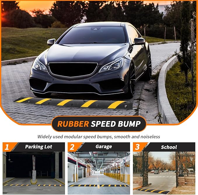 6 Ft Rubber Speed Bumps 2 Pack, Heavy Duty Speed Bumps for Driveway Rubber Gravel Road Asphalt Parking, Modular Driveway Speed Bumps Cable Protector Ramp with 8 Bolts Spikes
