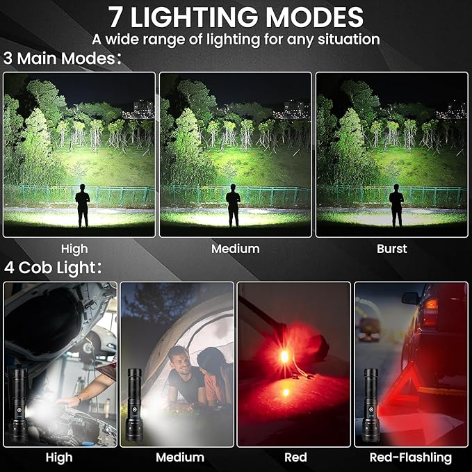 Rechargeable Flashlight 99000 High Lumens, Super Bright LED Flashlight with 7 Modes, Waterproof Powerful Flash Light for Camping, Home, Emerge∩cies (Black)