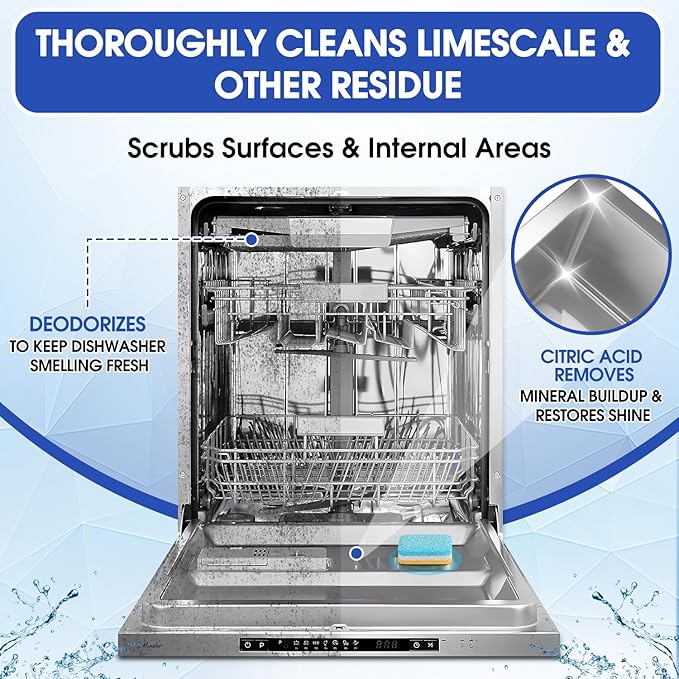 Dishwasher Cleaner Tablets, 30-Count Deodorizing Pods (15-Month Supply) - Heavy-Duty Descaler Removes Limescale, Minerals, Grease & Odors, Lemon Scent