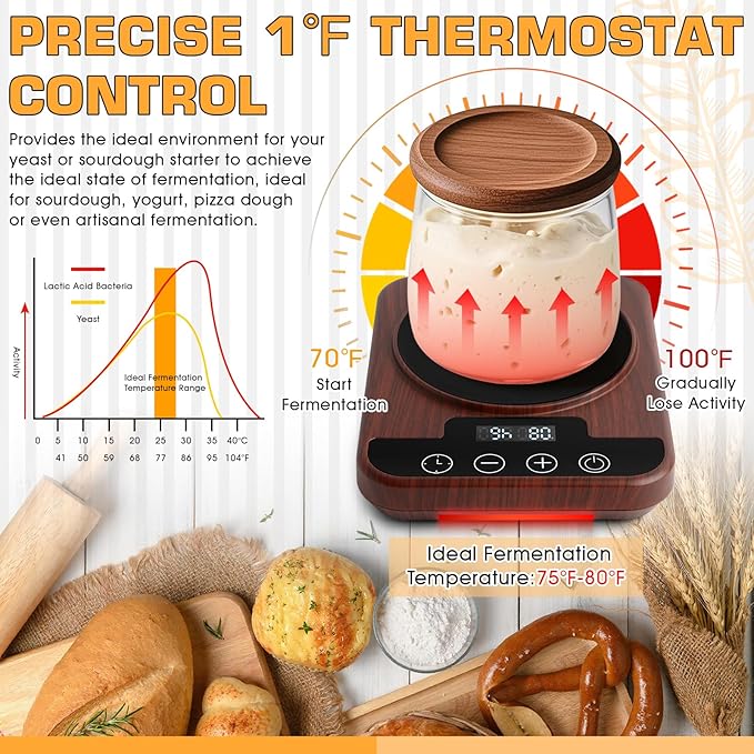 Upgraded Sourdough Starter Warmer, Precise 1°F Thermostat Control (70-100°F) Sourdough Warming Mat, Smart Memory Sourdough Warming for Sourdough Fermentation, 12-Hour Timer (Wood Grain)