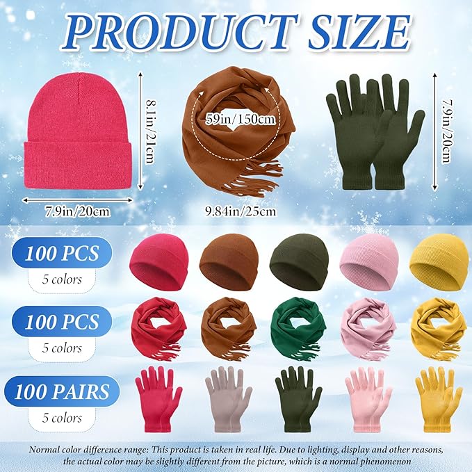 Unittype 300 Pcs Winter Beanies Gloves Scarf Set Bulk 100 Knit Skull Cap 100 Pair Winter Gloves 100 Neck Warmer for Men Women
