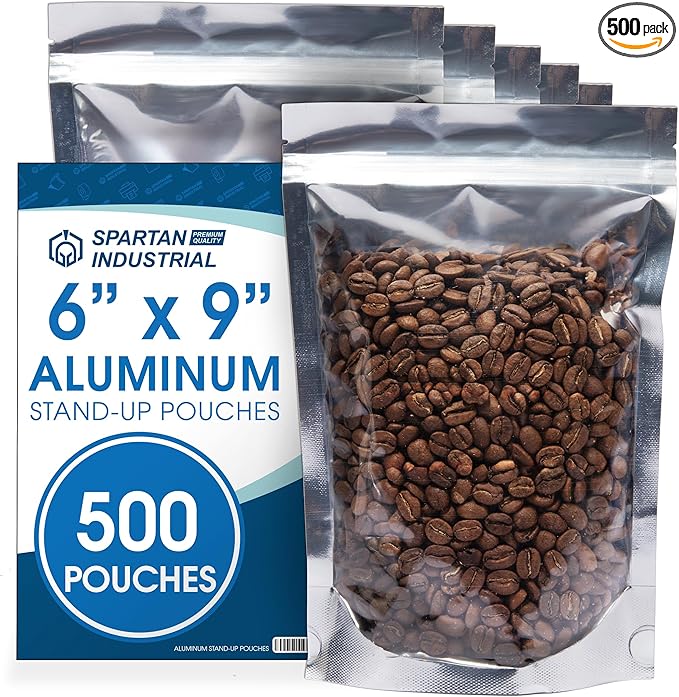 Spartan Industrial - 6" X 9" Aluminum Resealable Stand-Up Pouch Bags - Pack of 500 Smell-Proof Heat Seal Bags for Cookies, Candy Packaging, Bath Salts, and More