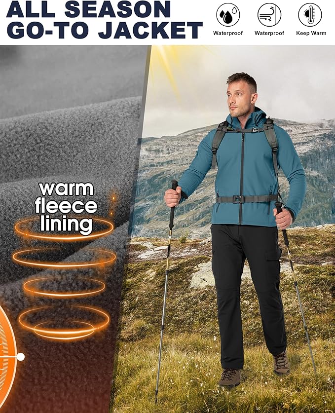 33,000ft Men's Hooded Softshell Jacket Waterproof Lightweight Insulated Windbreaker Fleece Lined Rain Shell Jacket