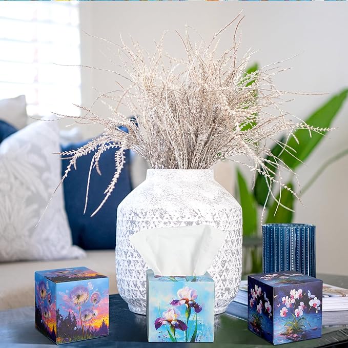 12 Pack Christmas Purple Flowers Facial Tissues Cube Face Boxes 600 Sheets 3 Ply Small Lavender Dandelion Wisteria Mandala Floral Square Tissues Bulk for Xmas Spring Car Bedroom Supplies