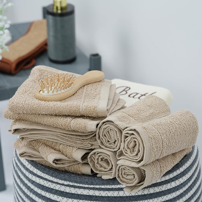 Tens Towels Pack of 24 Washcloths, 12 x 12 Inches, Lighter Weight, Quick to Dry, Super Soft & Absorbent, Gentle Face Towels, Hotel Quality, Perfect for Bathroom, Gym, Spa (Beige, 24 Pack)