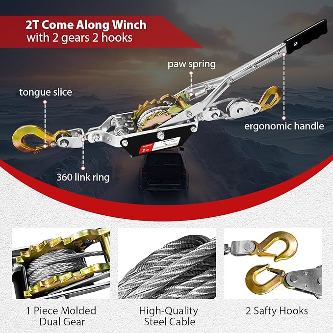 Come Along Winch 2 Ton 7ft Steel Cable Manual Winch with 2 Hooks & Dual Gears - Come Along Cable Puller for Automotive Hoist & Vehicle Rescue