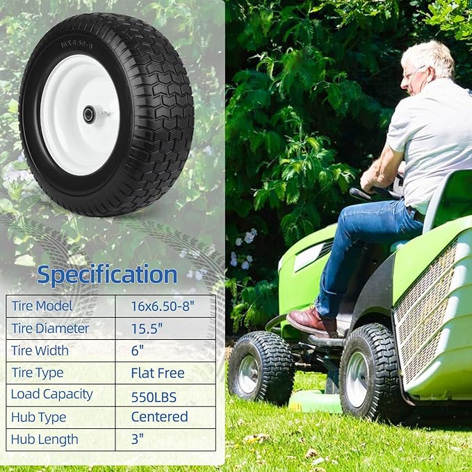 16x6.50-8 Flat Free Riding Lawn Mower Tire and Wheel, 2 Pcs 16x6.5-8nhs Garden Tractor Lawnmower Tyre, with 3/4" & 5/8" Bearing, 3" -4.5" -6" Centered Hub