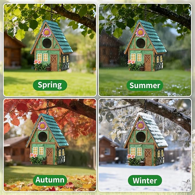 Cottage-Style Hanging Birdhouse with Flower Accents – Hand-Painted Resin Decorative Bird House for Outdoors, Weather-Resistant Garden Decor for Small Birds