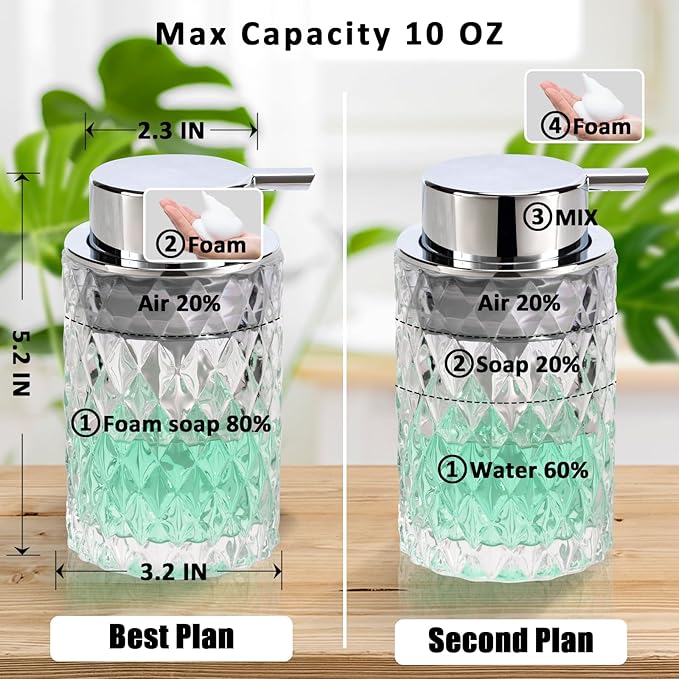 Bathroom Glass Soap Dispenser with Durable Rust-Proof Plastic Foam Pump Hand Lotion Dispenser Antislip Shampoo Kitchen 10oz 2 Pack