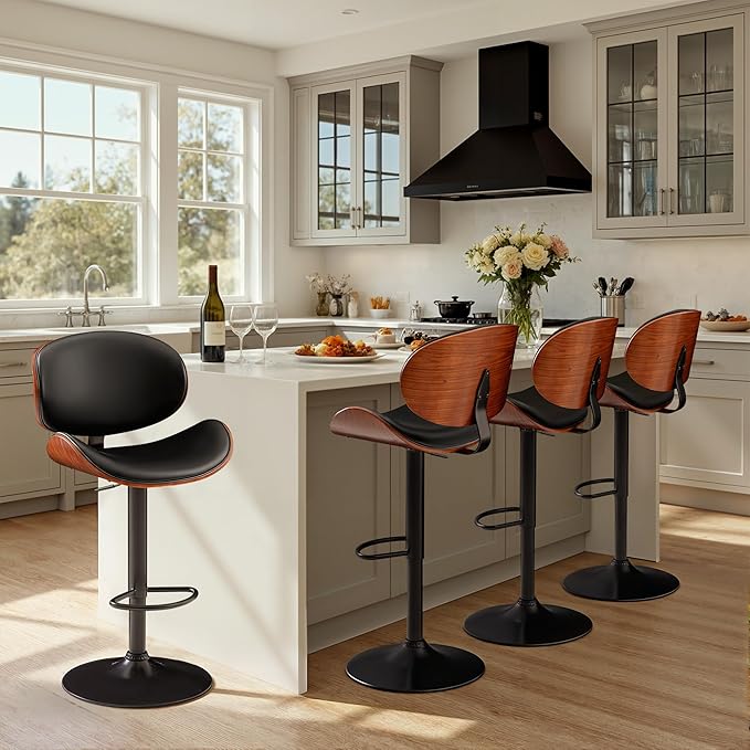 Bar Stools Set of 4 Adjustable Swivel Bentwood Barstools PU Leather Modern Bar Chairs with Back & Footrest for Bar, Kitchen Island, Dining Room (Black, Set of 4)