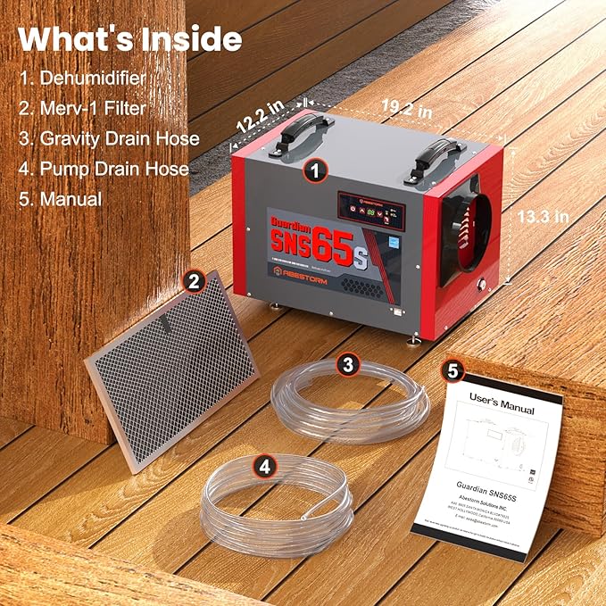 Abestorm Crawl Space Dehumidifier with Pump and Hose, 120 PPD Energy Star Commercial Dehumidifier Up to 1,300 sq. ft. for Basement, Water Damage Restoration, Auto Defrost(Guradian SNS65S)