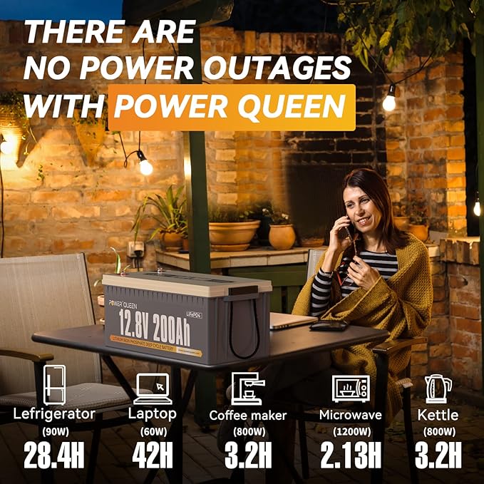 Power Queen 12.8V 200Ah LiFePO4 Battery with 14.6V 20A; Built-in 100A BMS, Fully Charged Capacity, 2560Wh Energy, Perfect for RV, Camping, Solar System, Power Outage