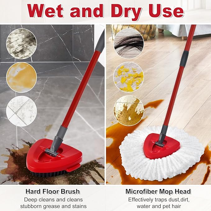Spin Mop Handle,Mop Replace Heads,Brush and Base Compatible with O Cedar EasyWring 1 Tank,2 Microfiber Mop Refills and Brush,4-Section 30-58" Mop Handle,Mop Base Combo Set for Wet/Dry Floor Cleaning