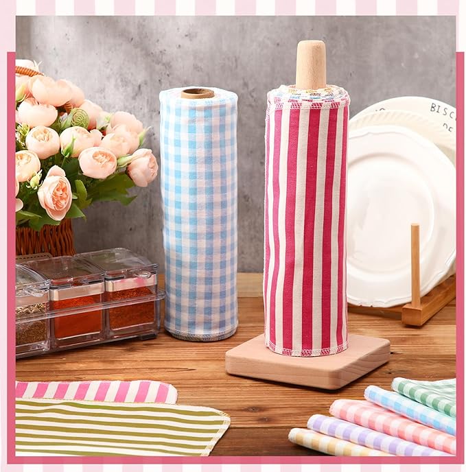 Redbaker 50 Pcs Reusable Paper Towels Paperless Reusable Cotton Cloths Toilet Absorbent Washable Paper Towels with Roll Kitchen Dishcloth for Kitchen Paperless Dishcloths(Streak Style)