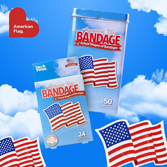 BioSwiss Kids Bandages, American Flag Shaped Self Adhesive Bandage Set, Latex Free, Sterile Wound Care, 50 Count