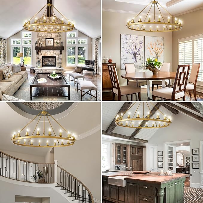 Wagon Wheel Chandelier, 20-Light Gold Modern Rustic Large Farmhouse Chandelier Adjustable Height Light for Ceiling Living Room, Entryways, Foyer,Dining Room, Kitchen