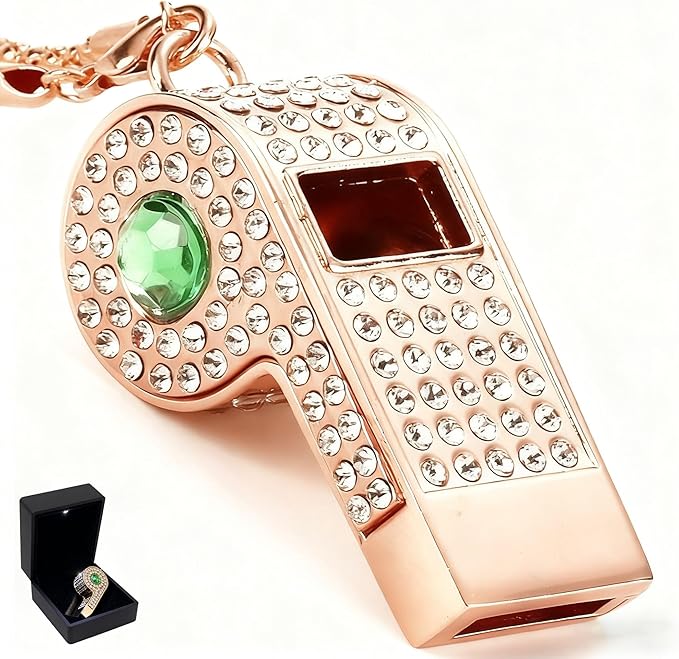 PCTC Shining Whistle,Crystal-Encrusted Metal Whistle with Decorative Chain Great for Referees, Coaches Party and Gift Accessory[Gold Exterior]