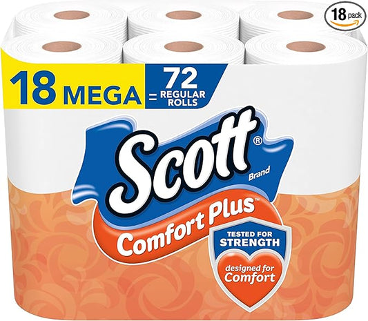 Scott Comfort Plus Toilet Paper, 1-Ply, White, 462 Sheets/Roll, 18 Mega Rolls/Pack (49729)