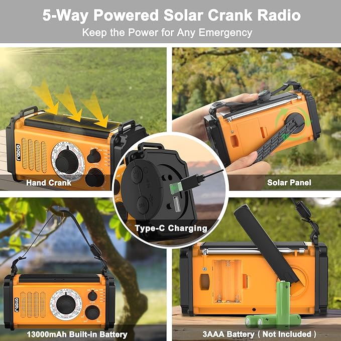 48100mWh Crank Emergency Weather Radio, Solar Hand Crank NOAA/AM/FM Radio, Portable Dynamo Radio, Flashlight & Reading Lamp,SOS,Earphone Jack, Compass for Hurricane Storm Camping Outdoor Survival Kit