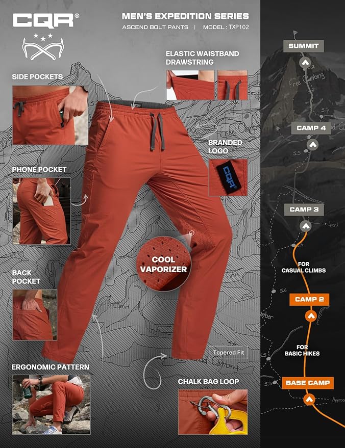 CQR Men's Lightweight Vent Hiking Pants, Water-Resistant & Breathable Sports Outdoor Athletic Pants with Elastic Waist
