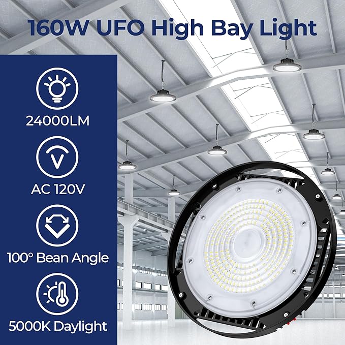 CINOTON 160W UFO LED High Bay Light, Aluminum LED Shop Lights with 24000LM, 5000K Commercial Bay Lighting for Warehouse Garage Workshop Factory, 6' Cable & Safety Rope, ETL Listed 1 Pack