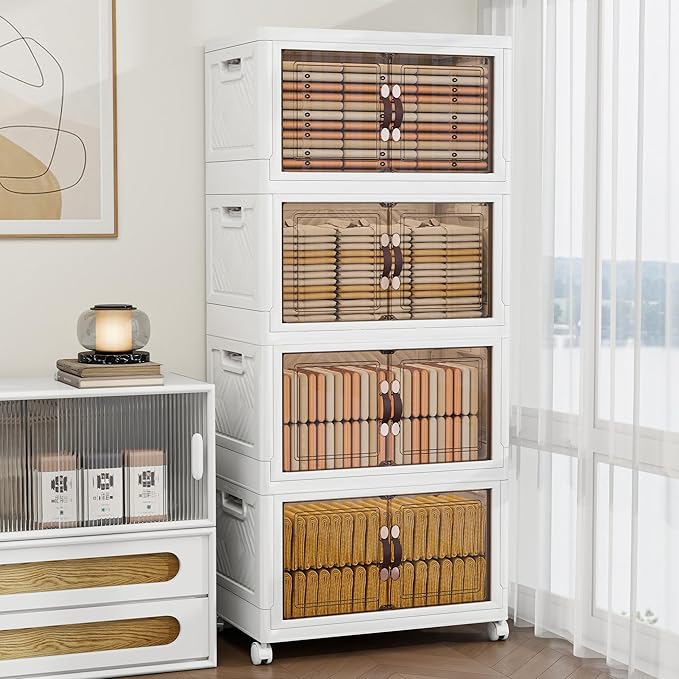 Storage Bins with Lids and Wheels, Collapsible Bathroom Storage Cabinet with Clear Doors, Plastic Stackable Closet Organizers and Storage Containers White 942 QT