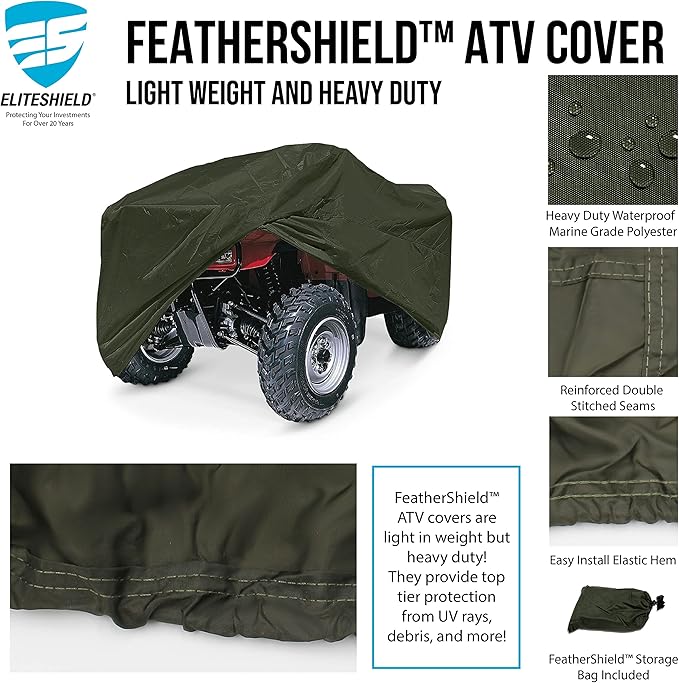 EliteShield Lightweight ATV Cover, Weatherproof Quad Cover, Water and wind resistant Four Wheeler Cover for Polaris Kawasaki Yamaha Suzuki Honda Arctic Cat Can-Am, Olive Drab Color fits up to 86" Long