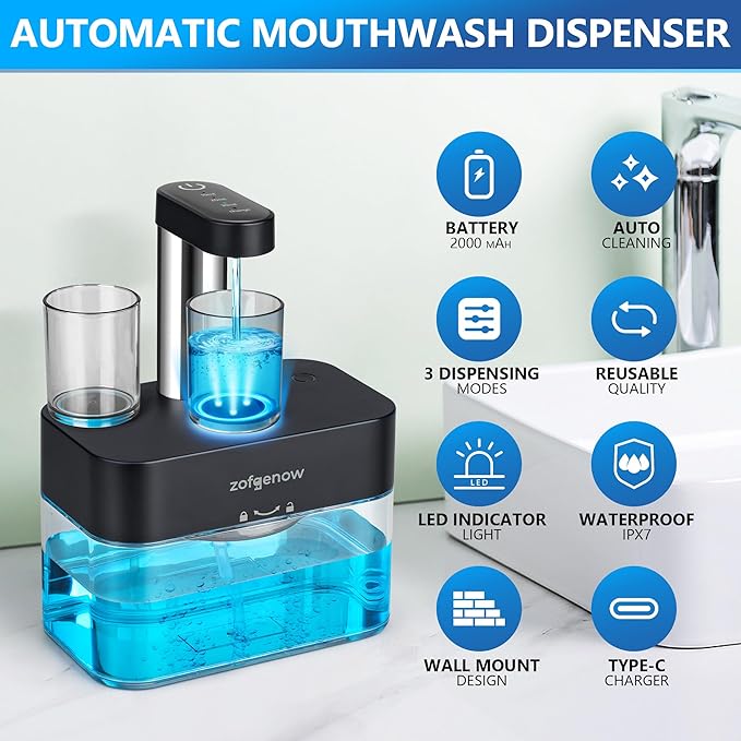 Upgraded Automatic Mouthwash Dispenser for Bathroom,Bathroom Accessories 17.6 FlOz Wall Mounted Dispensers with Magnetic Cups,Adjustable Dispensing Levels, Suitable for All Age Groups,Black