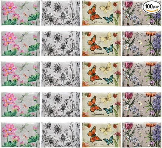 PerKoop 100 Pack Pocket Tissues Travel Slim Packs Small Facial Tissues Wallet Size Toilet Paper for Travel Guest Wedding Supplies, 4 Styles(Retro Floral)
