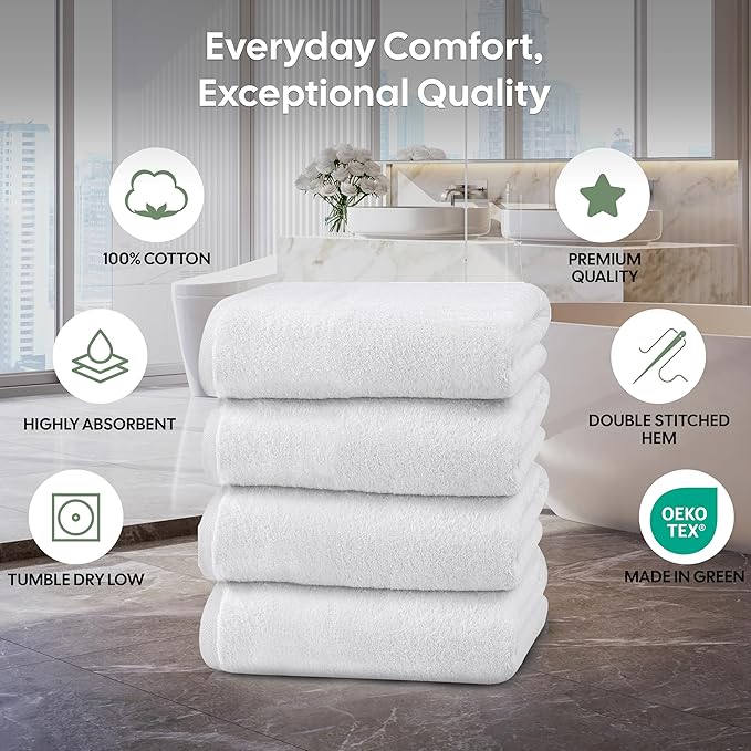 EcoNour 4 Pack Bath Towels (27x54 Inch, 550 GSM) | 100% Cotton Soft & Absorbent Towel Set | Quick-Dry, Lightweight, Durable Bathroom Towels for Home, Gym, Spa & Travel