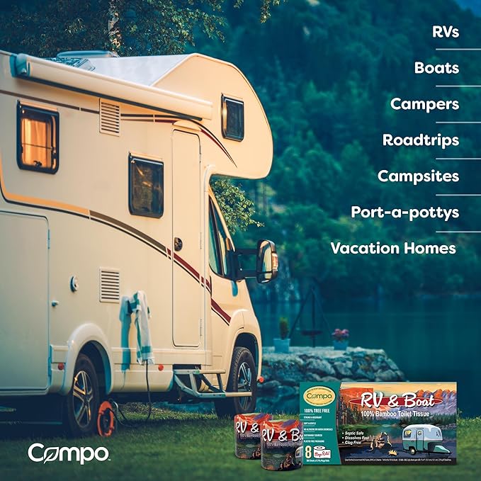Compo Boat & RV Toilet Paper, 100% Bamboo Toilet Paper for Marine, Motor Homes and Travel Camper Use, Rapid Dissolve, Septic Safe, Plastic Free Packaging, 308 2-Ply Sheets per Roll (8 Compact Rolls)
