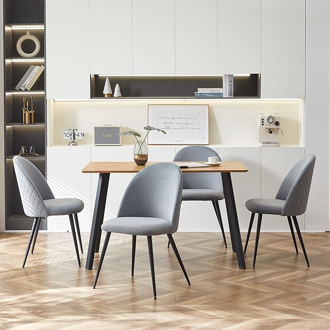 Upholstered Dining Chair Set of 4,Modern Kithen Velvet No Arms Home Ergonomic High-Back Vanity Elegant Accent with Black Metal Legs for Any Decor,Grey, 4*Chair,