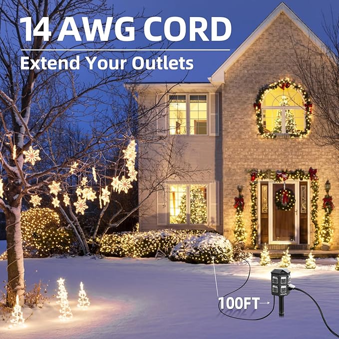 Outdoor Power Strip with 100FT Extension Cord, 100FT Remote Control, Dusk to Dawn Light Timer Waterproof, 6 Grounded Outlets for Yard, Pool and Garden, ETL Listed